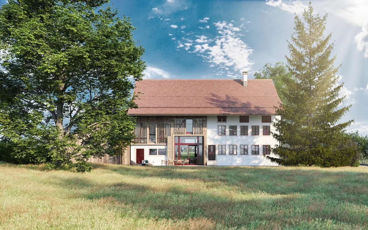 Man sieht, wie ein Bauernhaus nach dem Umbau aussehen soll.